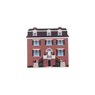 3/4" thick wooden illustration of a brick building on a white background