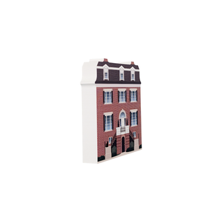 3/4" thick wooden illustration of a brick building on a white background