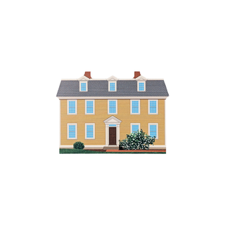 3/4" wooden replica with an illustration of a yellow house with blue windows on a white background