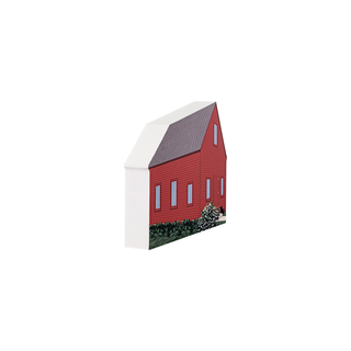 3/4" wooden replica with an illustration of a Red building model with a white base on a white background