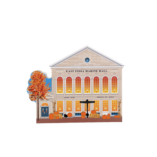 3/4" thick wooden Illustration of East India Marine Hall with pumpkins and a tree in front