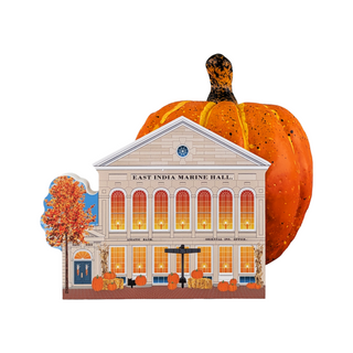 3/4" thick wooden Illustration of East India Marine Hall with pumpkins and a tree in front