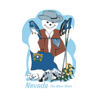 3/4" thick wooden  character with Nevada flag, skis, and mountain landscape on a light blue background