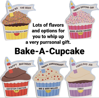 Decorative cupcake-shaped cards with personalized text on a white background