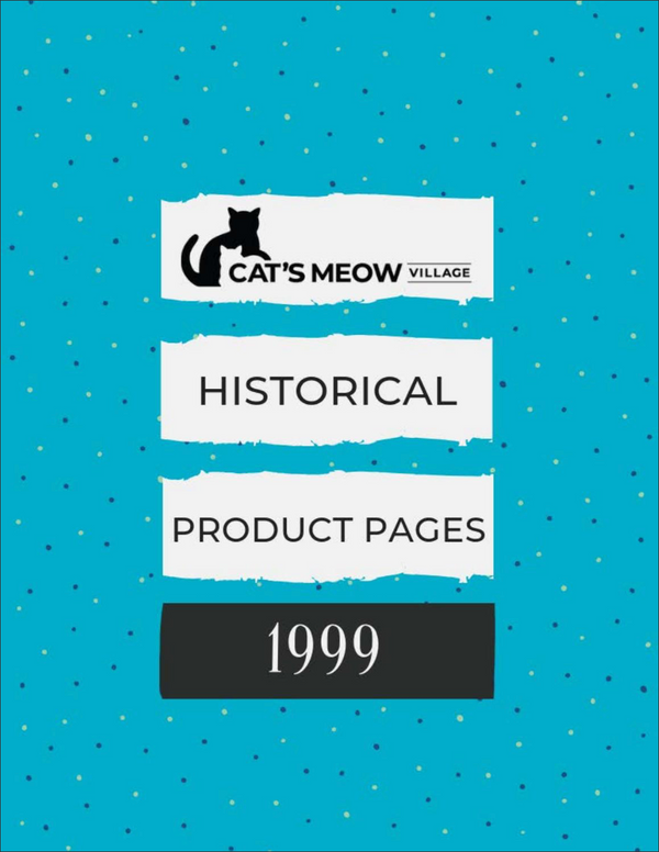 Cover of a product catalog with 'Cat's Meow Village' branding and text on a blue background.