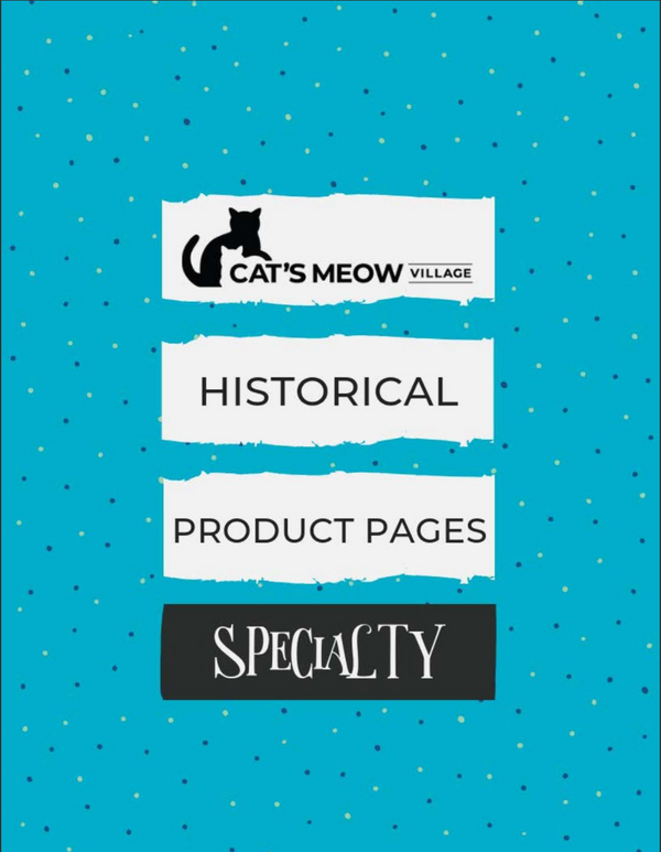 Blue background with text and logo for Cat's Meow Village