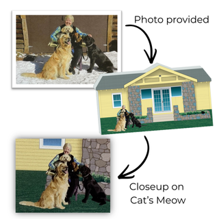 Comparison of a photo provided and a closeup on 'Cat's Meow' with a house and people with dogs.