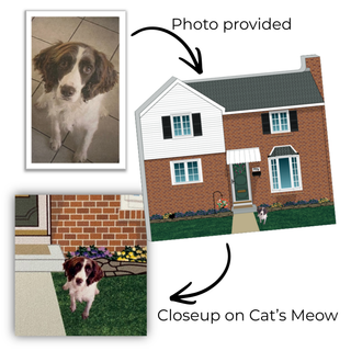 Dog in front of a house with close-up on 'Cat's Meow' text