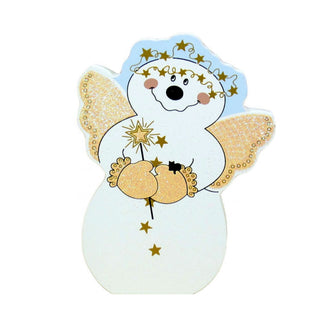 3/4" thick wooden replica with an Illustration of A white snowman angel with gold glitter wings, a gold glitter halo with star details, and holding a gold glitter star wand, shown on a plain white background.