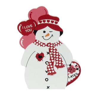 3/4" thick wooden replica with an Illustration of a white snowman with red accents, including a red hat, polka-dot scarf, and red heart-shaped balloons that say 'I LOVE YOU' and 'LATES'.