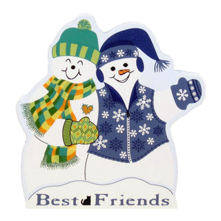 3/4" thick wooden replica with an Illustration of a snowmen dressed in winter clothing, with the words 'Best Friends' printed along the bottom edge, shown on a plain white background.