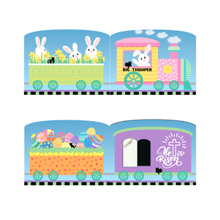 3/4" thick wooden replica with an illustration with Easter-themed train design and 'He is Risen' text.