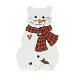 3/4" thick wooden replica with an Illustration of A white cat-shaped decorative plaque or sign featuring a red and black plaid scarf, a carrot nose, black eyes and paws, a small brown mouse at the bottom, and a brown heart on the left side, set against a plain white background.