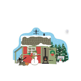 3/4" thick wooden replica with an illustration of a red cabin, snowman, and Christmas trees on a white background
