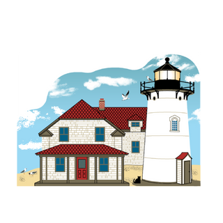 wooden replica with an Illustration of a lighthouse and house with a blue sky background with seagulls 