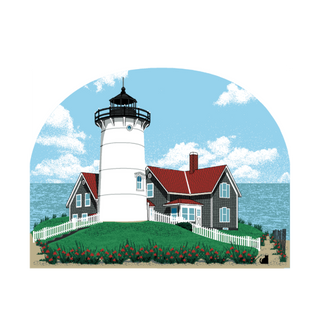 wooden replica with an illustration of a Lighthouse with a red roof and white walls on a blue sky background