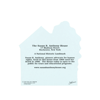 3/4" thick wooden cutout  about The Susan B. Anthony House with text on a light blue background