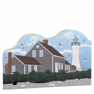 3/4" thick wooden replica with an Illustration of a lighthouse design on a white background