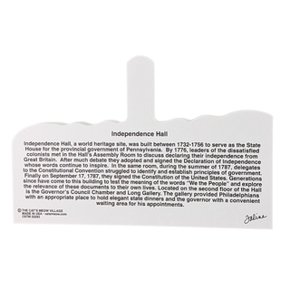 3/4" thick wooden cutout  with text about Independence Hall on a white background