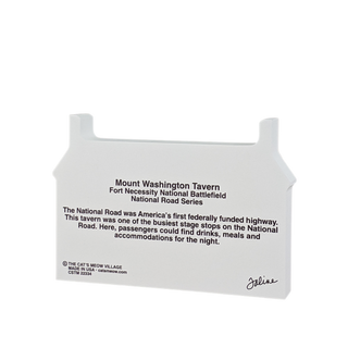 3/4" thick wooden cutout  with black text about Mount Washington Tavern and the National Road on a white background