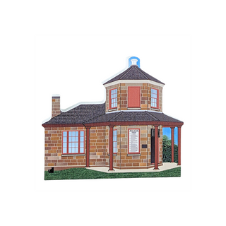 3/4" thick wooden replica of a tollhouse on the National Road on white background