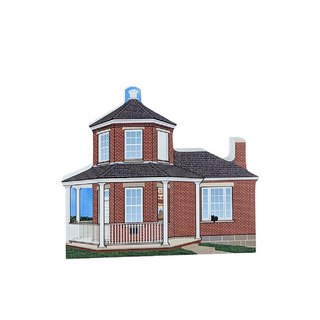 3/4" thick wooden Illustration of a two-story brick house with a porch on a white background