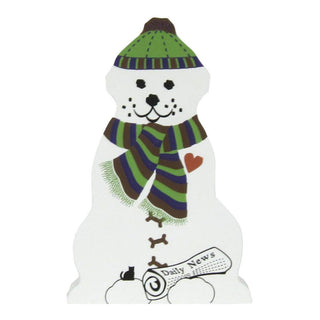 3/4" thick wooden replica with an Illustration of a white snowman-shaped dog wearing a green, purple, and brown striped knit hat and matching striped scarf, with a small red heart on the chest and a rolled newspaper at the base reading 'Daily News'.