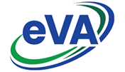 The logo for eVA, featuring the lowercase letters 'eva' in blue and green curved swooshes on a white background.