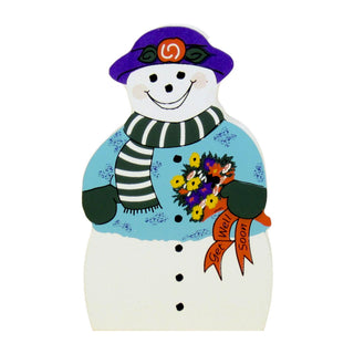 3/4" thick wooden replica with an Illustration of a snowman with a purple hat, green and white striped scarf, blue jacket, and a flower bouquet with an orange 'See You Soon' ribbon, set against a plain white background.