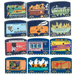 Set of 3/4" thick wooden Halloween-themed train car illustrations on a white background