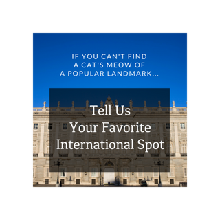 Stately building with text overlay on a blue background