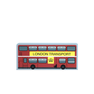 3/4" thick wooden cutout of Red London Transport bus with yellow sign and logo on a gray background