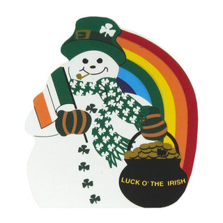 3/4" thick wooden replica with an Illustration of A St. Patrick's Day themed snowman featuring a green hat with a shamrock, an Irish flag-patterned scarf, a rainbow background, and a black pot labeled 'LUCK O' THE IRISH'.