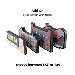 A set of four custom-designed refrigerator magnets shown on a white background with text overlays reading 'Add On Magnets with your design' and 'choose between 3x3" or 4x4"'. The magnets feature different designs including a brick wall sign, a building facade, a blue sky scene, and a red airplane.