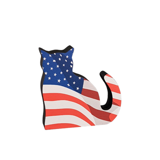 3/4" thick wooden cat cutout with American flag printed on it for home decor