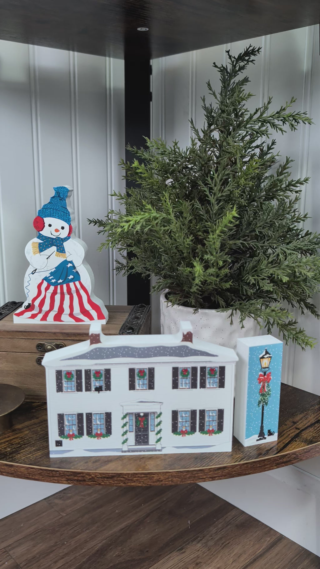 video of concord Christmas wooden replica products with trees and snowman