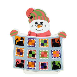 3/4" thick wooden illustration of a snowman holding a quilt