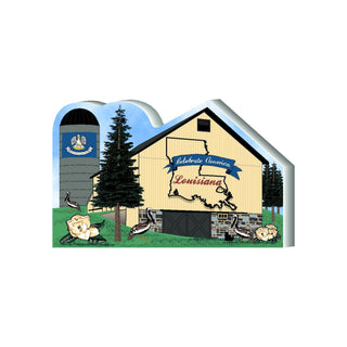 3/4" thick wooden barn, trees, and Louisiana-themed elements.