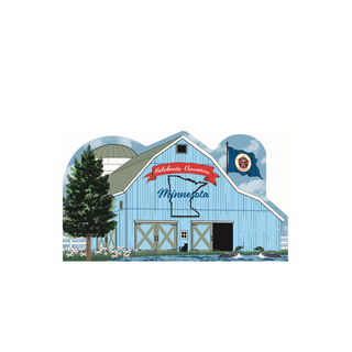 3/4" thick wooden Blue barn with 'Celebrate America Minnesota' text and state outline, surrounded by trees and flowers.