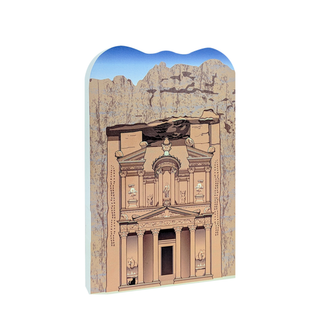 3/4" thick wooden replica with an Illustration of the Treasury building in Petra, Jordan, with mountains in the background.