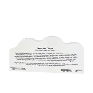 Back of a 3/4" thick wooden cutout with text about Waterford Castle, featuring a wavy design.