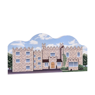3/4" thick wooden cutout of a Stone castle model with a blue sky background