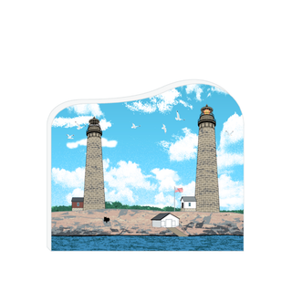 3/4" thick wooden replica with an Illustration of a lighthouse design on a white background