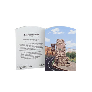 3/4" wooden replica with an illustration of a Zion National Park illustration and text on a white background