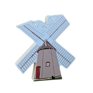 Decorative windmill wooden replica with a blue sky background and seagulls.