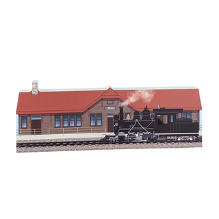 3/4" thick wooden illustration of a depot and steam locomotive on a white background