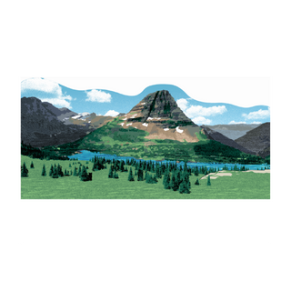 3/4" thick wooden illustration of a mountain landscape with trees and a lake