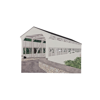 3/4" thick wooden cutout  of a covered outdoor area with wooden beams and stone pathway.