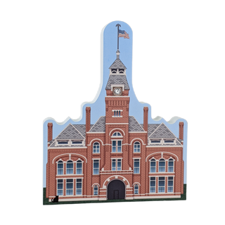 3/4" thick wooden model of a building with a clock tower on a white background.