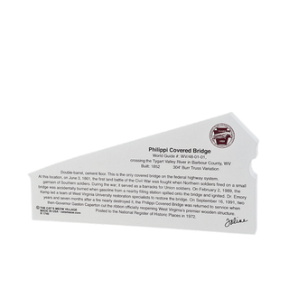 back of product with description in black text about the Philippi Covered Bridge on a white background